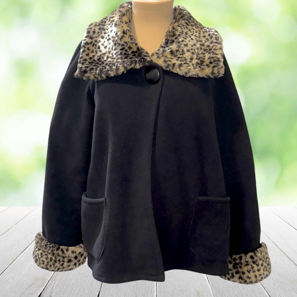 JANSKA Polartec Fleece Swing Jacket Leopard Faux Fur Trim Black Made USA Size M